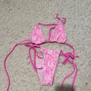 Pink Floral Lace Bikini Set